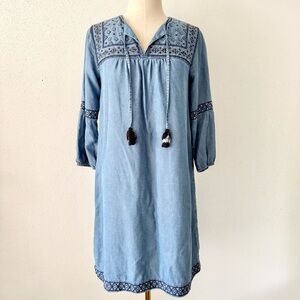 J. JILL Denim Chambray 3/4 Sleeve Embroidered Flowy Shift Dress Women's Size XS
